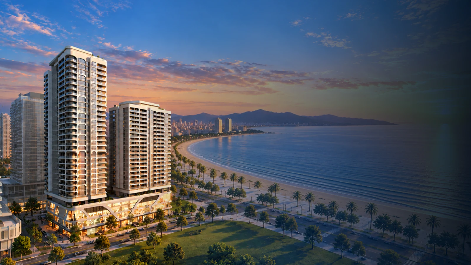 黄昏时分美溪海滩边的FUTA Residence双塔（效果图）